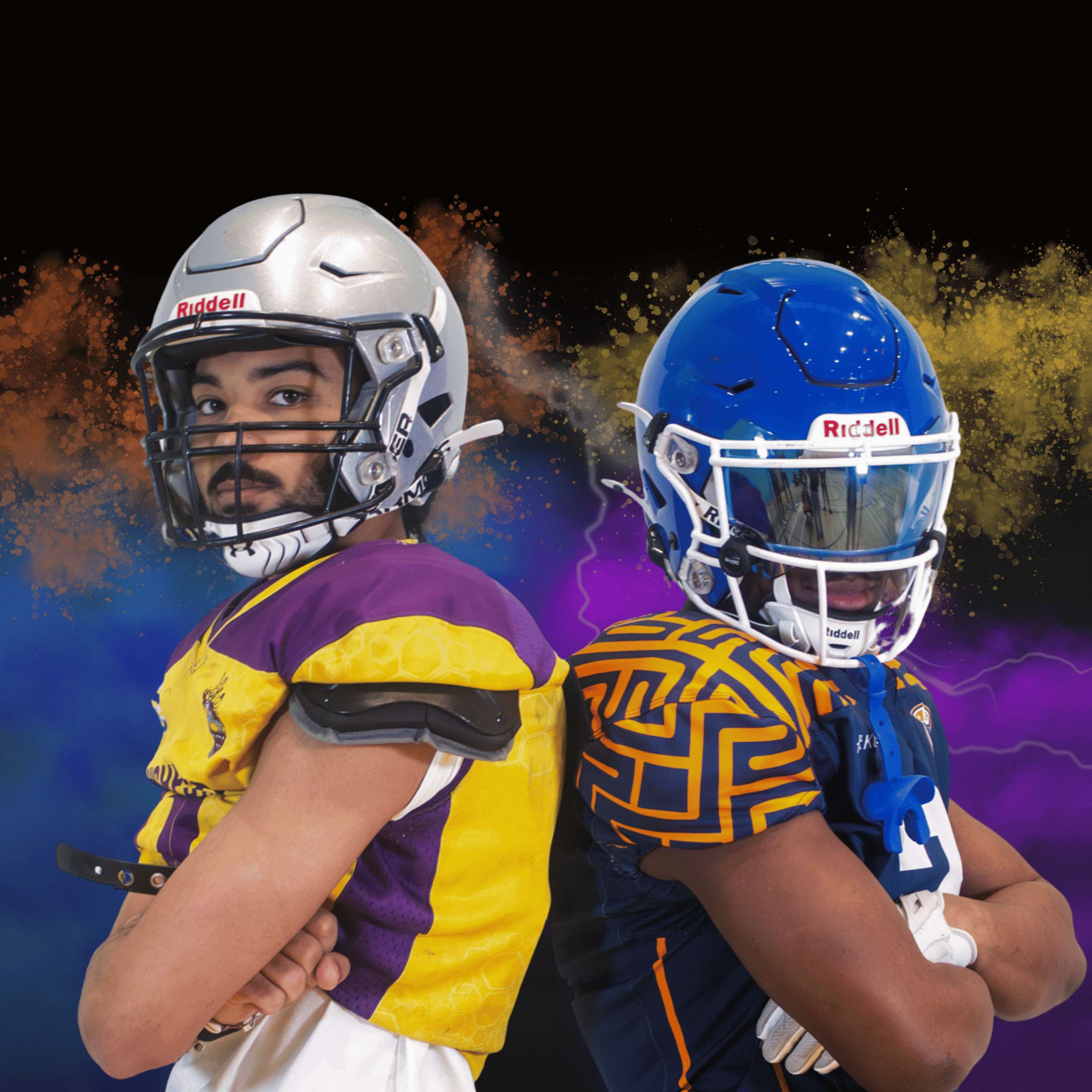 Two American Football players posing back-to-back in playing kit and helmets.