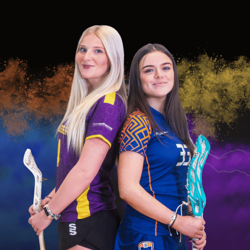 Two female lacrosse players posing back-to-back in playing kit.