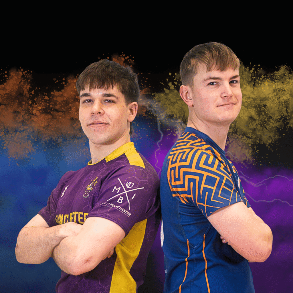Two male rugby union players posing back-to-back in playing kit.