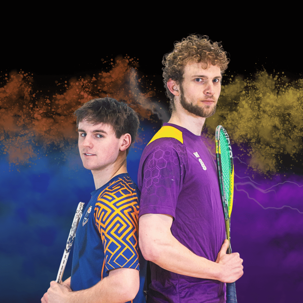 Two squash players posing back-to-back in playing kit.