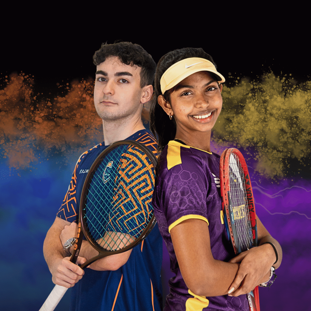 Two tennis players posing back-to-back in playing kit.