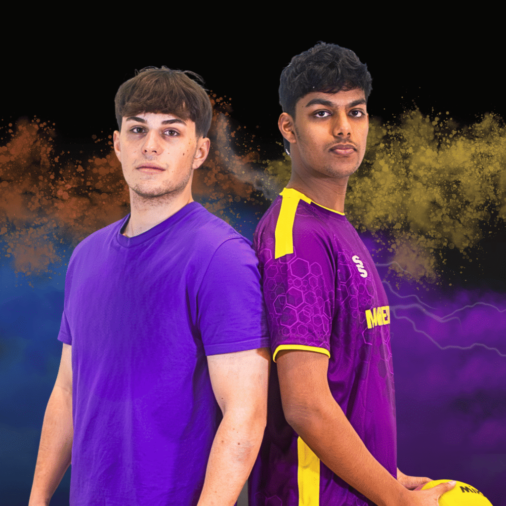 Two water polo players posing back-to-back in leisure wear. 
