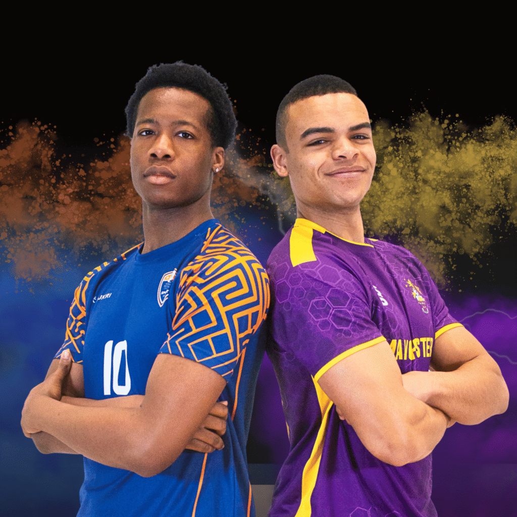 Two male volleyball players posing back-to-back in playing kit.